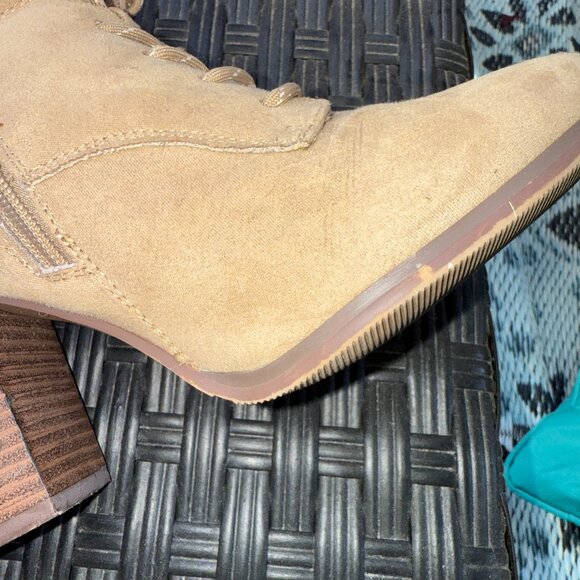Tan High Heel Ankle Boots Booties Suede Fur Trim Women Size 7 - Picture 9 of 11